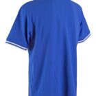 Blue polo shirt with white striped collar and cuffs, viewed from the back.