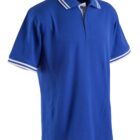Blue polo shirt with white striped collar and sleeves, side view.