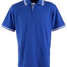 Blue polo shirt with white trim on the collar and sleeves.