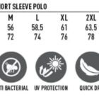 Sizing chart and features for a mens polo shirt in various sizes (S to 5XL).