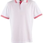 White polo shirt with red collar and sleeve stripes.