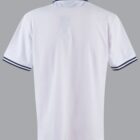White polo shirt with black-striped collar and cuffs, viewed from the back.
