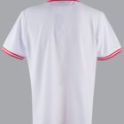 Back view of a plain white polo shirt with red striped collar and cuffs on a gray background.