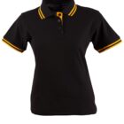 Black polo shirt with yellow striped collar and sleeves.