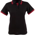 Black polo shirt with red collar stripes and sleeve trims.