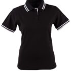 Black polo shirt with white striped collar and sleeve cuffs.