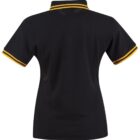 Black polo shirt with yellow-striped collar and sleeves, viewed from the back.