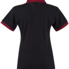 Black polo shirt with red striped collar and sleeves, viewed from the back.