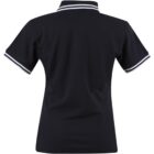Black polo shirt with white trim on the sleeves and collar, viewed from the back.