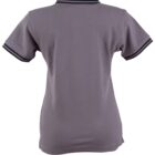 Gray polo shirt with black trim on sleeves and collar, shown from the back.