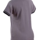 Gray polo shirt with black-striped collar and sleeves, back view.