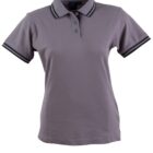 Gray polo shirt with black trim on the collar and sleeves, featuring a three-button placket.