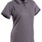 Gray polo shirt with black-striped collar and sleeves, buttoned placket, on white background.
