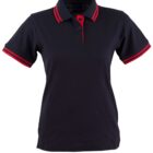 Black polo shirt with red trim on the collar and sleeves.