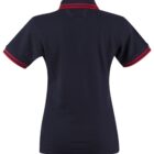 Navy blue polo shirt with red stripes on the collar and sleeves, viewed from the back.