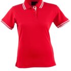 Red polo shirt with white-striped collar and cuffs.