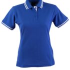 Blue polo shirt with white-striped collar and sleeve edges.