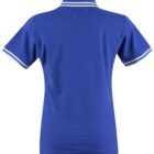 Back view of a blue polo shirt with white trim on the collar and sleeves.