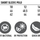 Polo sizing chart with icons for fabric features like quick dry, breathable, and UV protection.