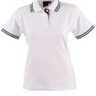 White polo shirt with black-striped collar and sleeve accents.