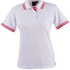 White polo shirt with red-striped collar and sleeves.