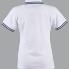 White polo shirt with black striped collar and sleeves, back view.