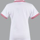 White polo shirt with red-striped collar and sleeves on a gray background.