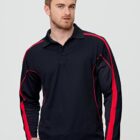 Man in black and red long-sleeve polo shirt poses against a plain background.