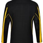 Black jacket with yellow stripes on the sleeves, viewed from the back.