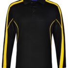 Black long-sleeve polo shirt with yellow stripes on sleeves and shoulders.