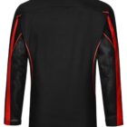 Black long-sleeve shirt with red accents on sleeves and shoulder, back view.