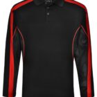 Black and red long-sleeve polo shirt with mesh sleeves.