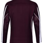 Back view of a long-sleeve maroon shirt with white stripes on the sleeves.