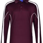 Maroon long-sleeve polo shirt with white stripes on the sleeves and sides.