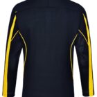 Black jacket with yellow stripes on the sleeves, viewed from the back.