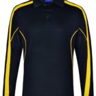 Black polo shirt with yellow stripes on the sleeves and sides, and a blue neck tag.