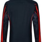 Back view of a black long-sleeve jacket with red accents and mesh details.
