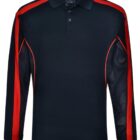 Black long-sleeve polo shirt with red stripes on sleeves and shoulders.
