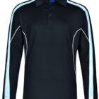 Black long-sleeve polo shirt with light blue and white stripes on the sleeves.