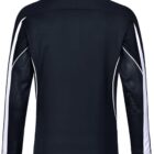 Back view of a black and white long-sleeve sports jacket with stripe details.