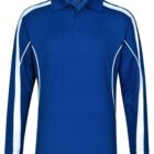 Blue polo shirt with long sleeves and white stripes on arms and sides.