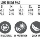 Size chart and icons for a mens TruDry polo with easy fit and various features.