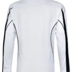 White long-sleeve sports shirt with black piping on the sleeves and sides, shown from the back.