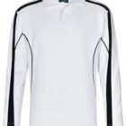 White long-sleeve polo with black shoulder and side stripes.