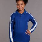 Young girl in a blue and white-striped long-sleeve polo shirt, smiling with one hand on hip.