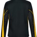 Black jacket with yellow and mesh accents on sleeves, viewed from the back.