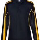 Black long-sleeve polo shirt with yellow stripes on sleeves.