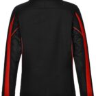 Black jacket with red accents on the sleeves, viewed from the back.