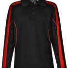 Black collared shirt with red stripes along the sleeves and sides.