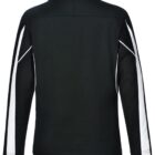 Back view of a black jacket with white stripes on the sleeves.